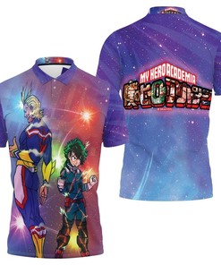 Academia with this All Might Midoriya Izuku galaxy stars polo shirt featuring 3D design.