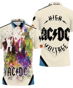 Add a pop of color to your wardrobe with this aged pixel paint drop polo shirt featuring AC/DC in bold colors