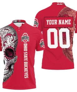 Add a touch of spookiness Personalized 3D All Over Print Polo Shirt featuring Ohio State Buckeyes Sugar Skull design.