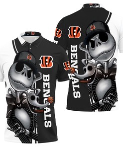 Add a touch of spooky flair to your game day apparel Cincinnati Bengals Jack Skellington and Zero Polo Shirt