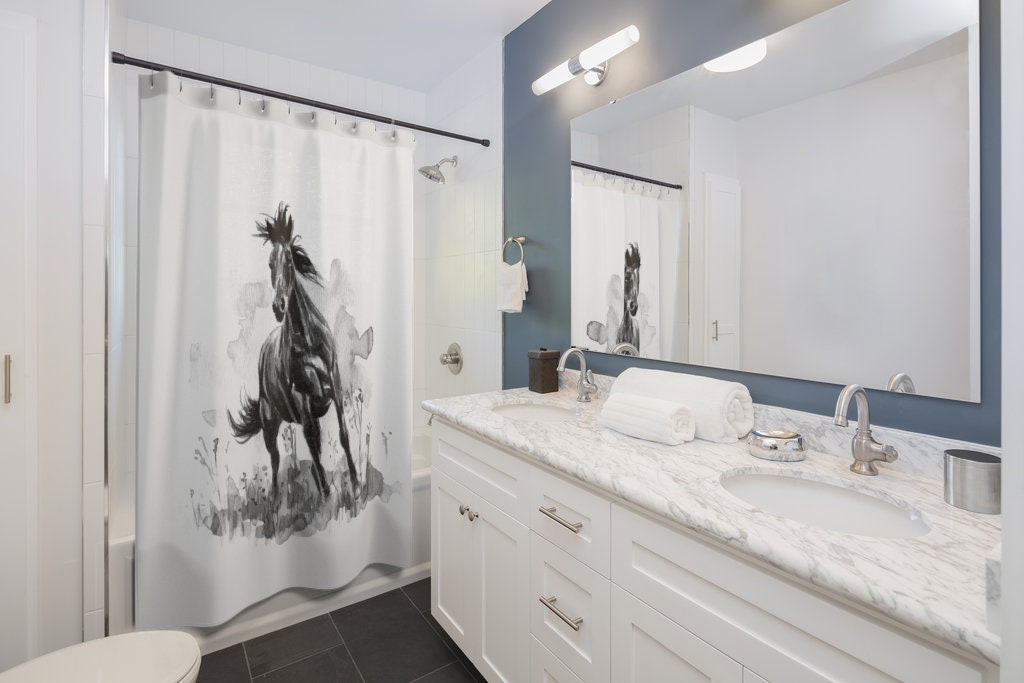 Add some black and white elegance with this Horse - Shower Curtain Black & White Curtain - Image 2