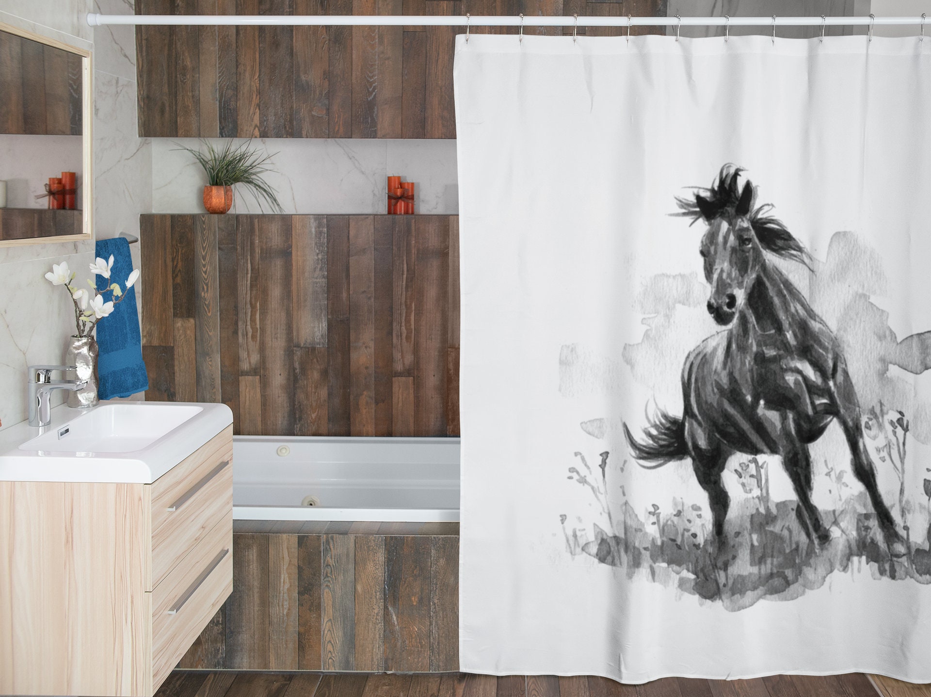 Add some black and white elegance with this Horse - Shower Curtain Black & White Curtain - Image 4