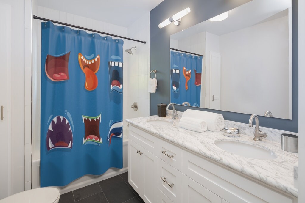 Add some humor to your children's bathroom with this Blue Kids Monster Mouths Shower Curtain - Image 2