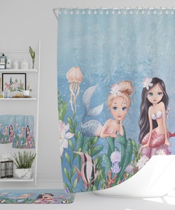 Adorable Mermaid Shower Curtain Optional Bath Mat | kids bathroom shower curtain