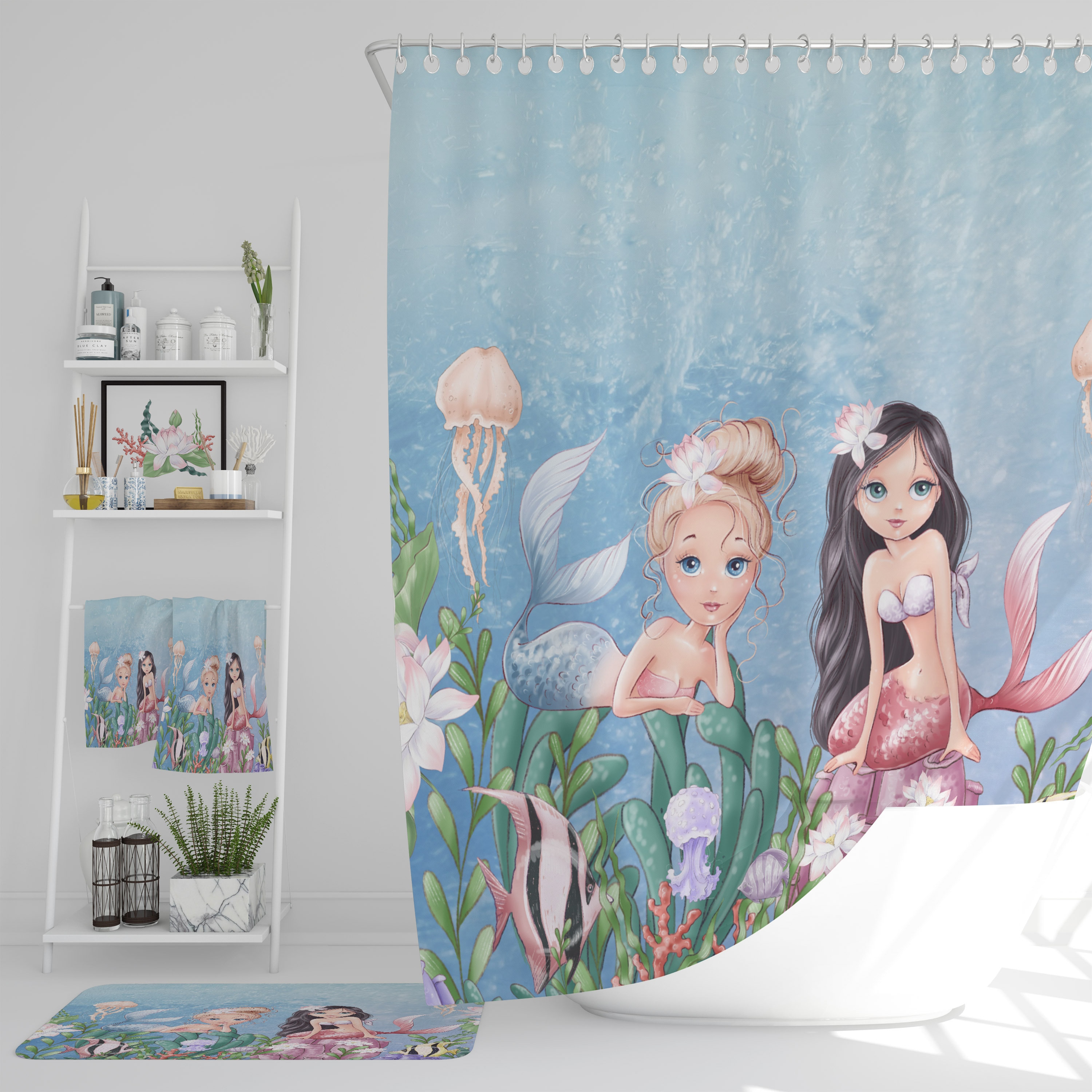 Adorable Mermaid Shower Curtain Optional Bath Mat | kids bathroom shower curtain