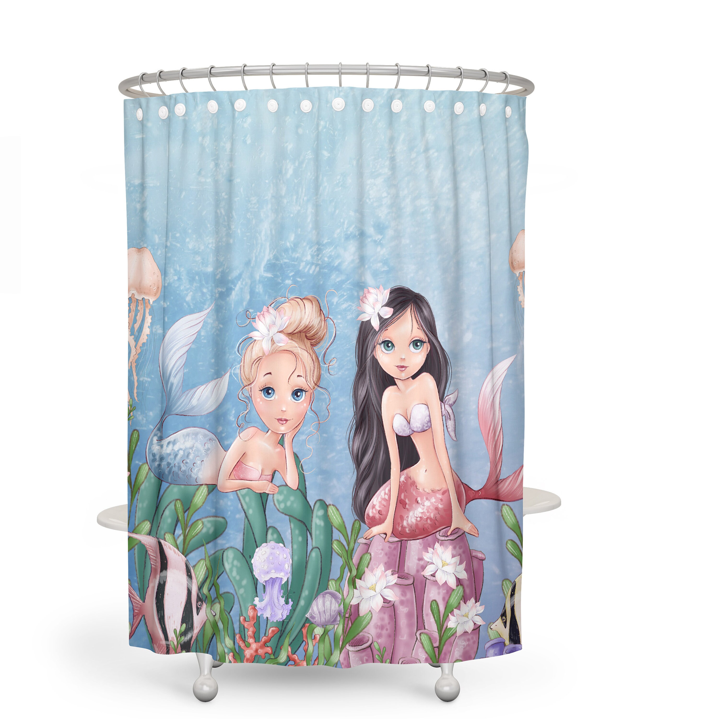 Adorable Mermaid Shower Curtain Optional Bath Mat | kids bathroom shower curtain - Image 2
