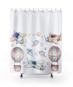 Airplanes and Balloons Shower Curtain | Watercolor Children's Bath Shower Curtain | Toys and Vintage Toys