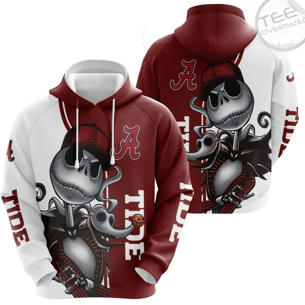 Alabama Crimson Tide Jack Skellington and Zero 3D Hoodie in All Over Print