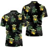 All Over Print Baby Yoda Hugging Kiwis Polo Shirt featuring Seamless Tropical Green Leaves on Black Background.