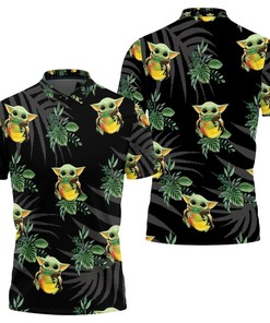 All Over Print Baby Yoda Hugging Kiwis Polo Shirt featuring Seamless Tropical Green Leaves on Black Background.
