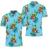 All Over Print Seamless Tropical Green Leaves Baby Yoda Hugging Strawberries Polo Shirt on Teal Background.