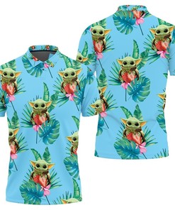 All Over Print Seamless Tropical Green Leaves Baby Yoda Hugging Strawberries Polo Shirt on Teal Background.