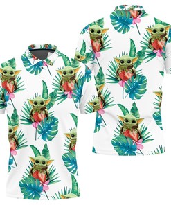 All Over Print and 3D Printed Seamless Tropical Green Leaves Baby Yoda Hugging Strawberries Polo Shirt