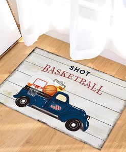American Shoot Basketball Blue Truck Retro Wood Plank Area Rug for Boys' Room and Living Room Decoration