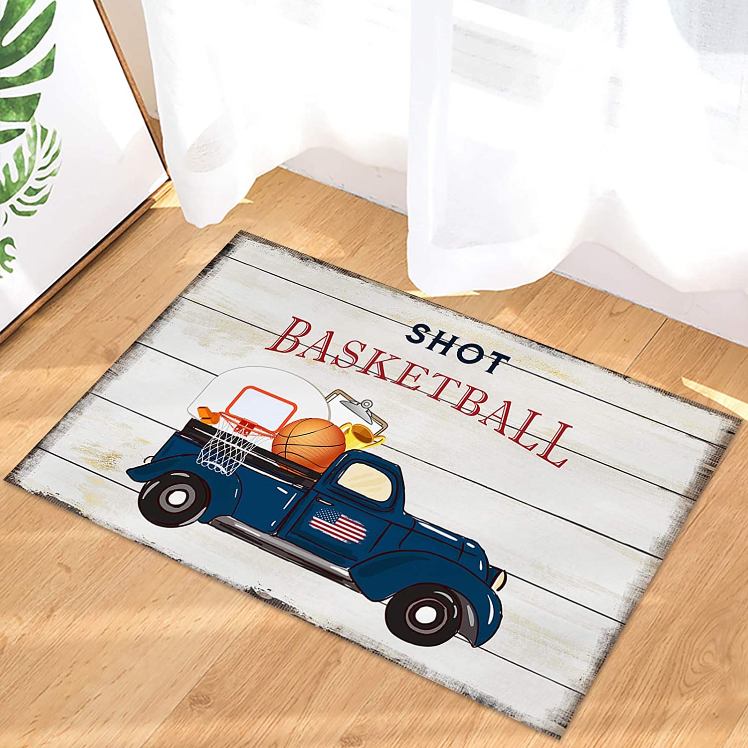 American Shoot Basketball Blue Truck Retro Wood Plank Area Rug for Boys' Room and Living Room Decoration