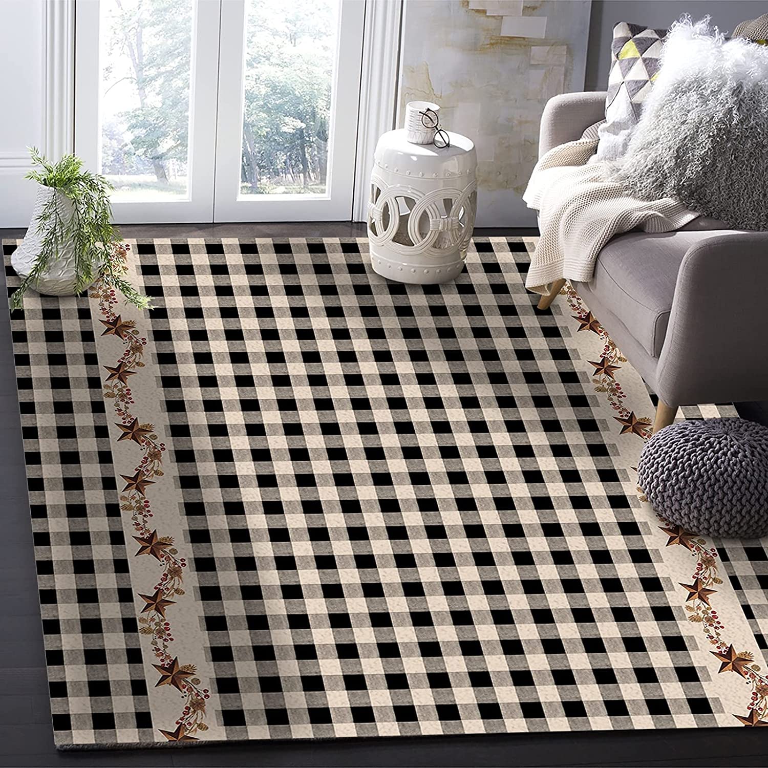 American Texas Star Farm Black Buffalo Plaid Kids Rug, Indoor Non-Slip Area Rugs with Vintage 70s Feel