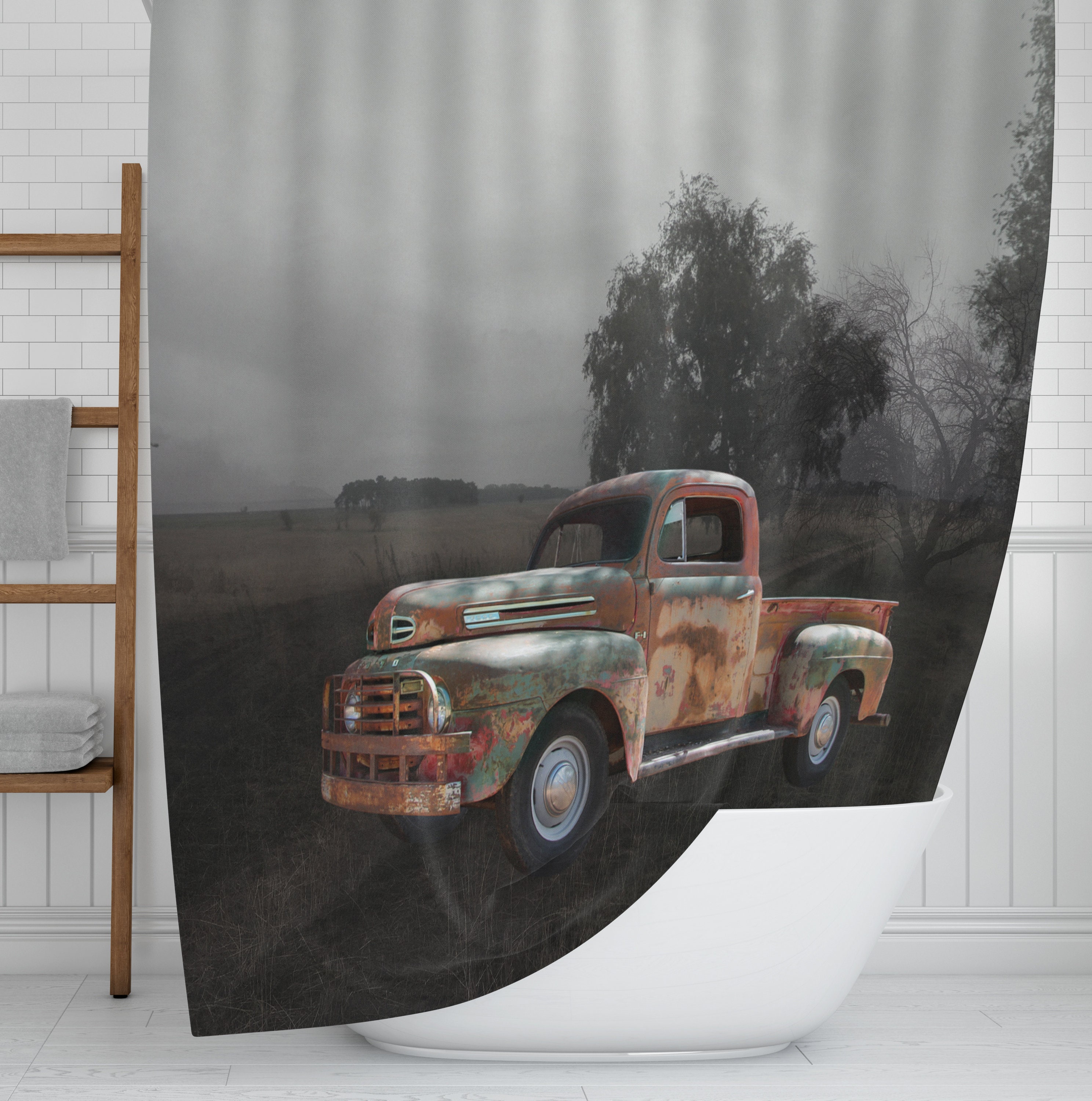 Antique Rusty Truck in Field Shower Curtain with Rustic Bath Set - Image 2
