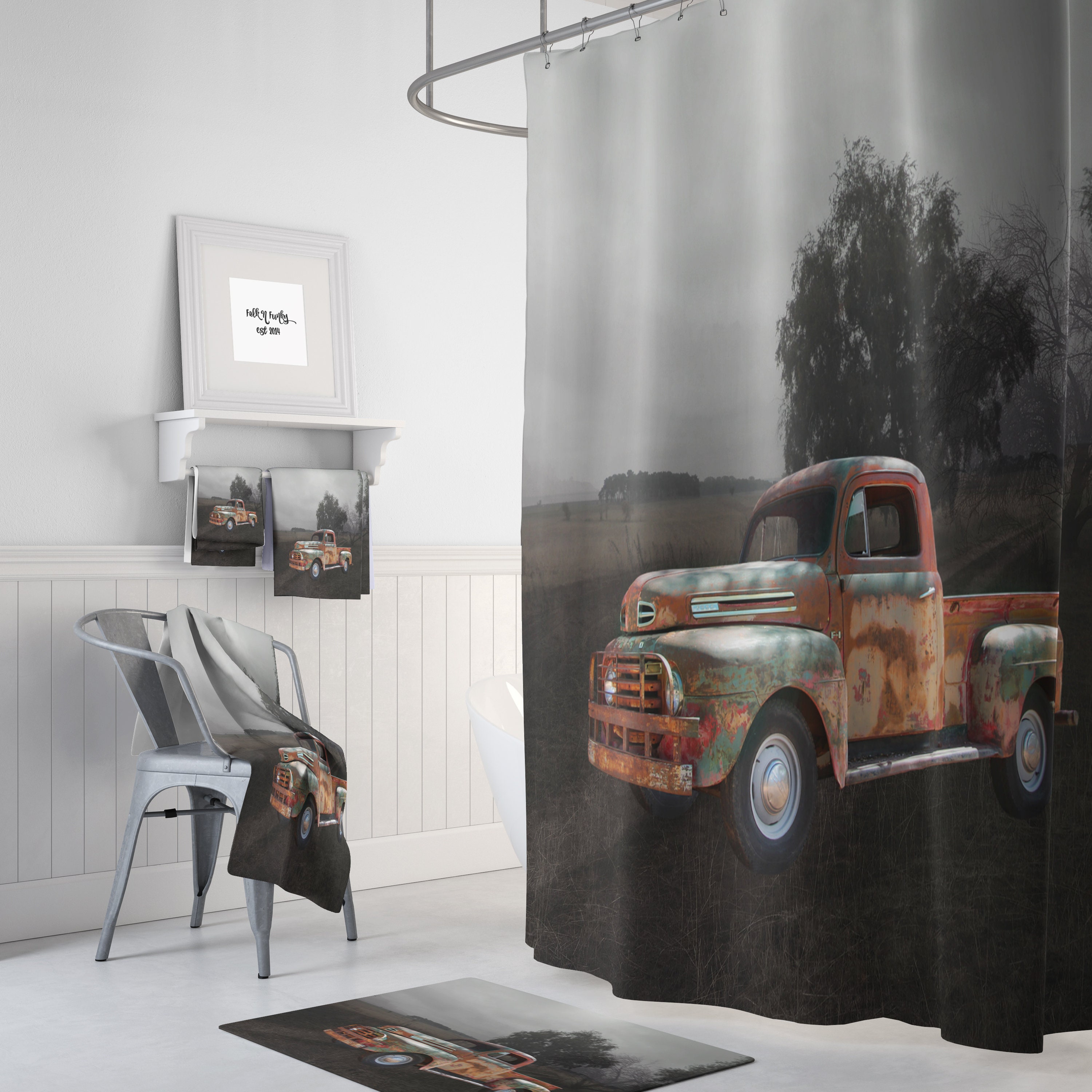 Antique Rusty Truck in Field Shower Curtain with Rustic Bath Set - Image 3