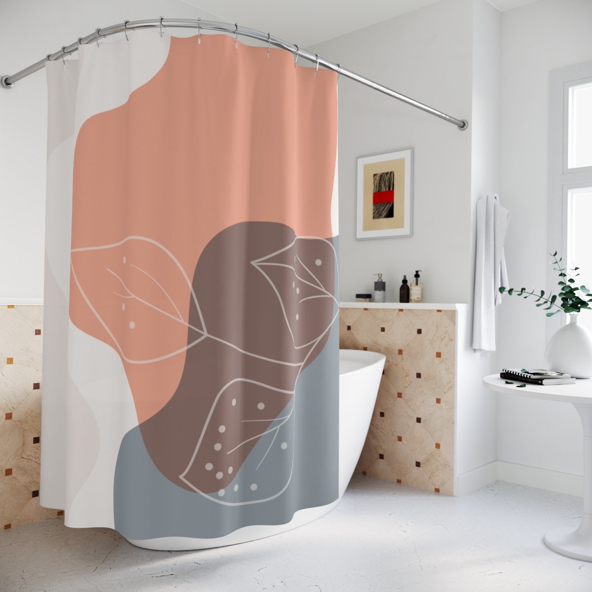 Apartment Bathroom Decor with Neutral Warm Earth Tones, Leaves Tropical Contemporary Abstract Art Shower Curtain or Mat