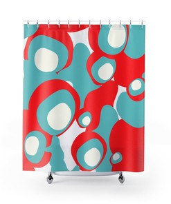 Aqua Blue, Red, and White Retro MCM Home Decor Shower Curtains in Mid Century Modern Style