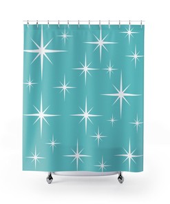 Aqua Blue Retro Shower Curtain with Diamonds and White Accents for Mid Century Modern Flair