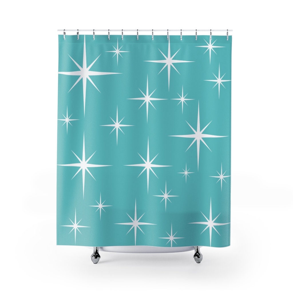 Aqua Blue Retro Shower Curtain with Diamonds and White Accents for Mid Century Modern Flair