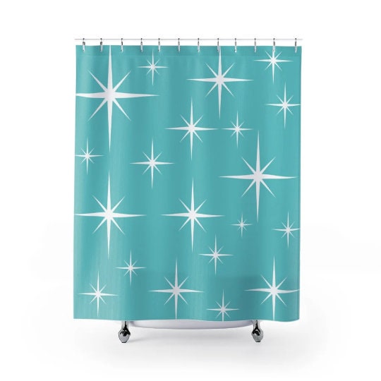 Aqua Blue Retro Shower Curtain with Diamonds and White Accents for Mid Century Modern Flair - Image 2