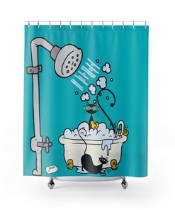 Aqua Blue Whimsical Atomic Cat Retro Shower Curtain with Cute Mid Century Modern Bathroom Decor