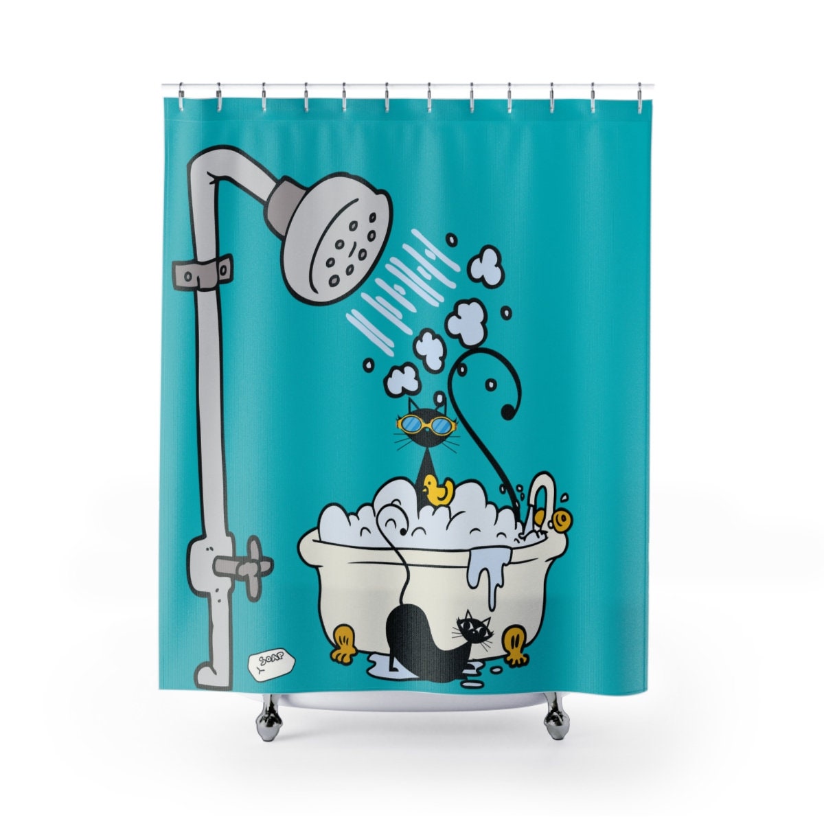 Aqua Blue Whimsical Atomic Cat Retro Shower Curtain with Cute Mid Century Modern Bathroom Decor