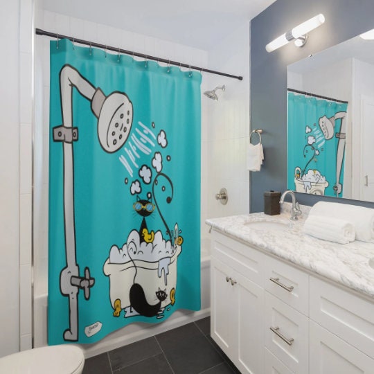Aqua Blue Whimsical Atomic Cat Retro Shower Curtain with Cute Mid Century Modern Bathroom Decor - Image 4