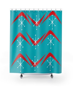 Aqua Blue and Red Boomerang and Starburst Retro Mid Century Modern Shower Curtain for a Kitschy Look