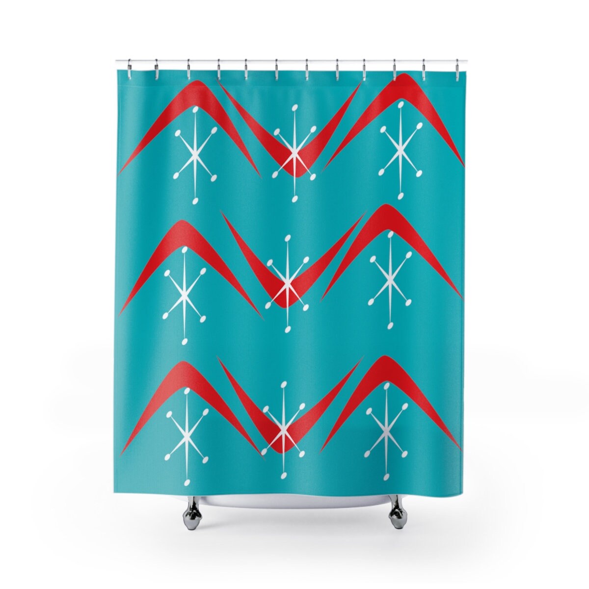 Aqua Blue and Red Boomerang and Starburst Retro Mid Century Modern Shower Curtain for a Kitschy Look