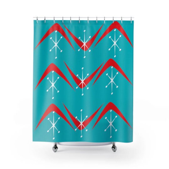 Aqua Blue and Red Boomerang and Starburst Retro Mid Century Modern Shower Curtain for a Kitschy Look - Image 2