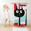 Aqua Blue and Red Geometric Cat Mid Century Modern Shower Curtain for a Kitschy Bathroom