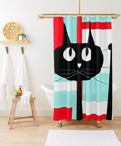 Aqua Blue and Red Geometric Cat Mid Century Modern Shower Curtain for a Kitschy Bathroom