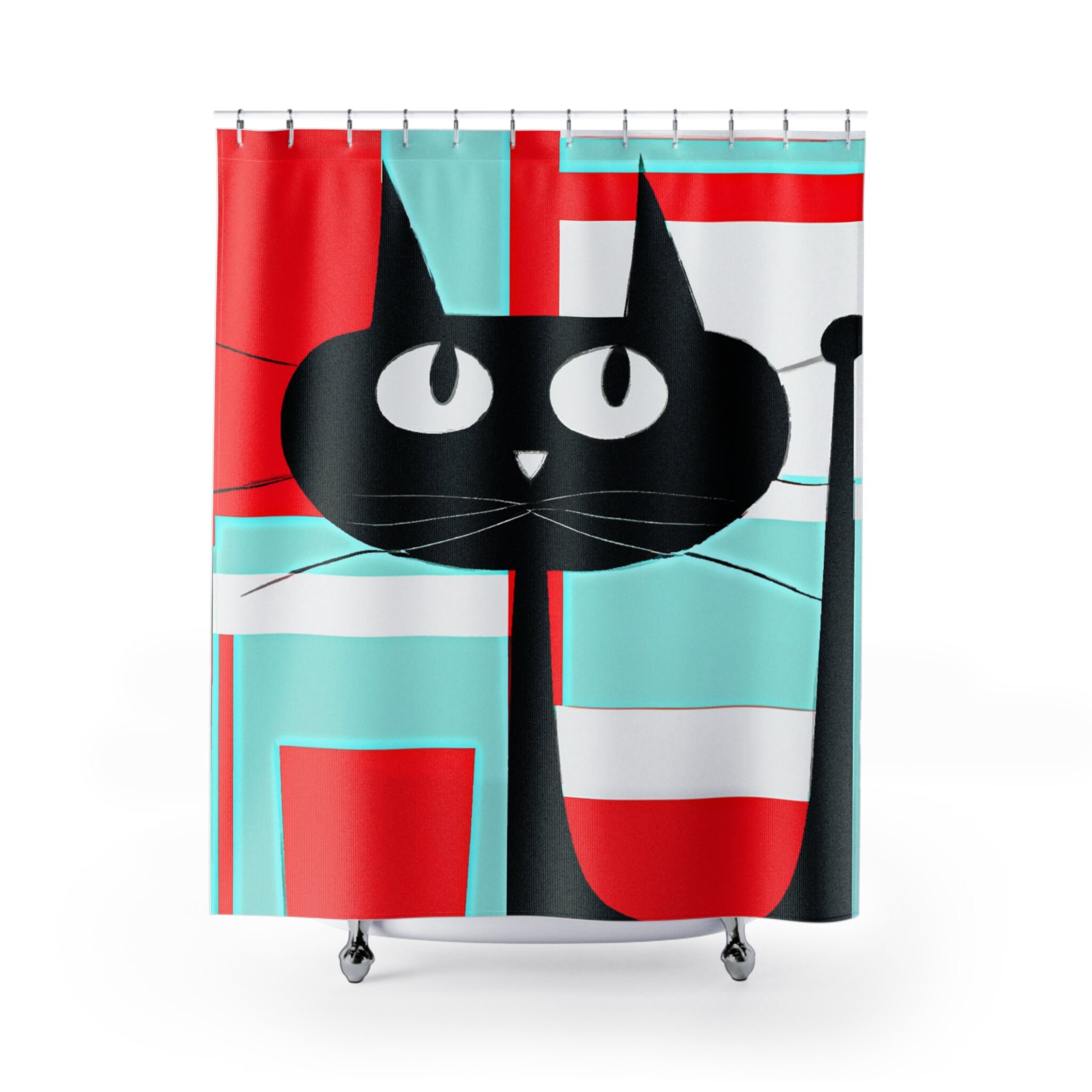 Aqua Blue and Red Geometric Cat Mid Century Modern Shower Curtain for a Kitschy Bathroom - Image 2