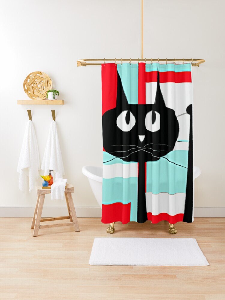 Aqua Blue and Red Geometric Cat Mid Century Modern Shower Curtain for a Kitschy Bathroom - Image 3