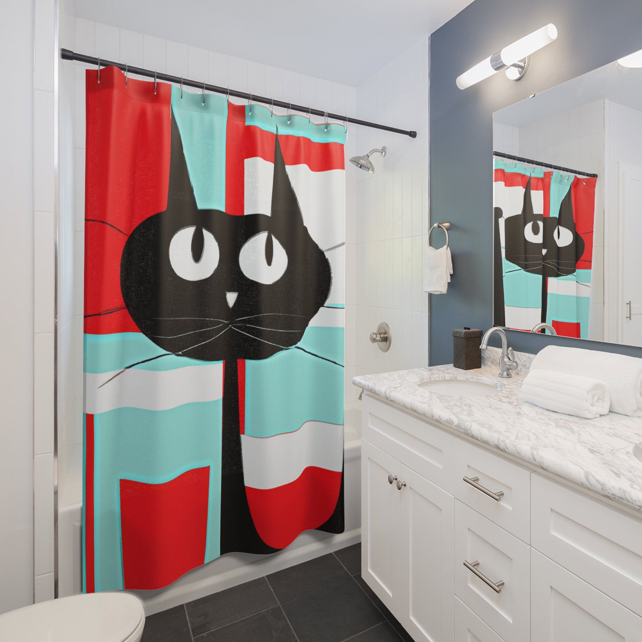 Aqua Blue and Red Geometric Cat Mid Century Modern Shower Curtain for a Kitschy Bathroom - Image 4