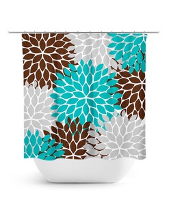 Aqua Brown and Gray Shower Curtain - Chic Floral Art Design for Aqua Shabby Chic Bathroom Decor - SHOWER120