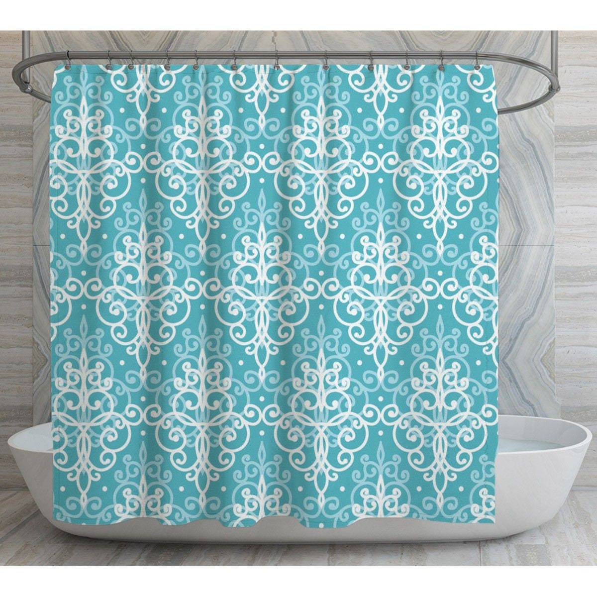 Aqua Damask Shower Curtain | Blue Damask Pattern Bath Decor | Vintage Bathroom Curtains