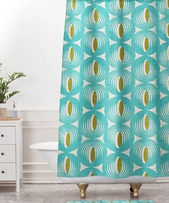 Aqua Geometric Shower Curtain, Retro Mid Century Bathroom Decor, Fabric Bath Curtain