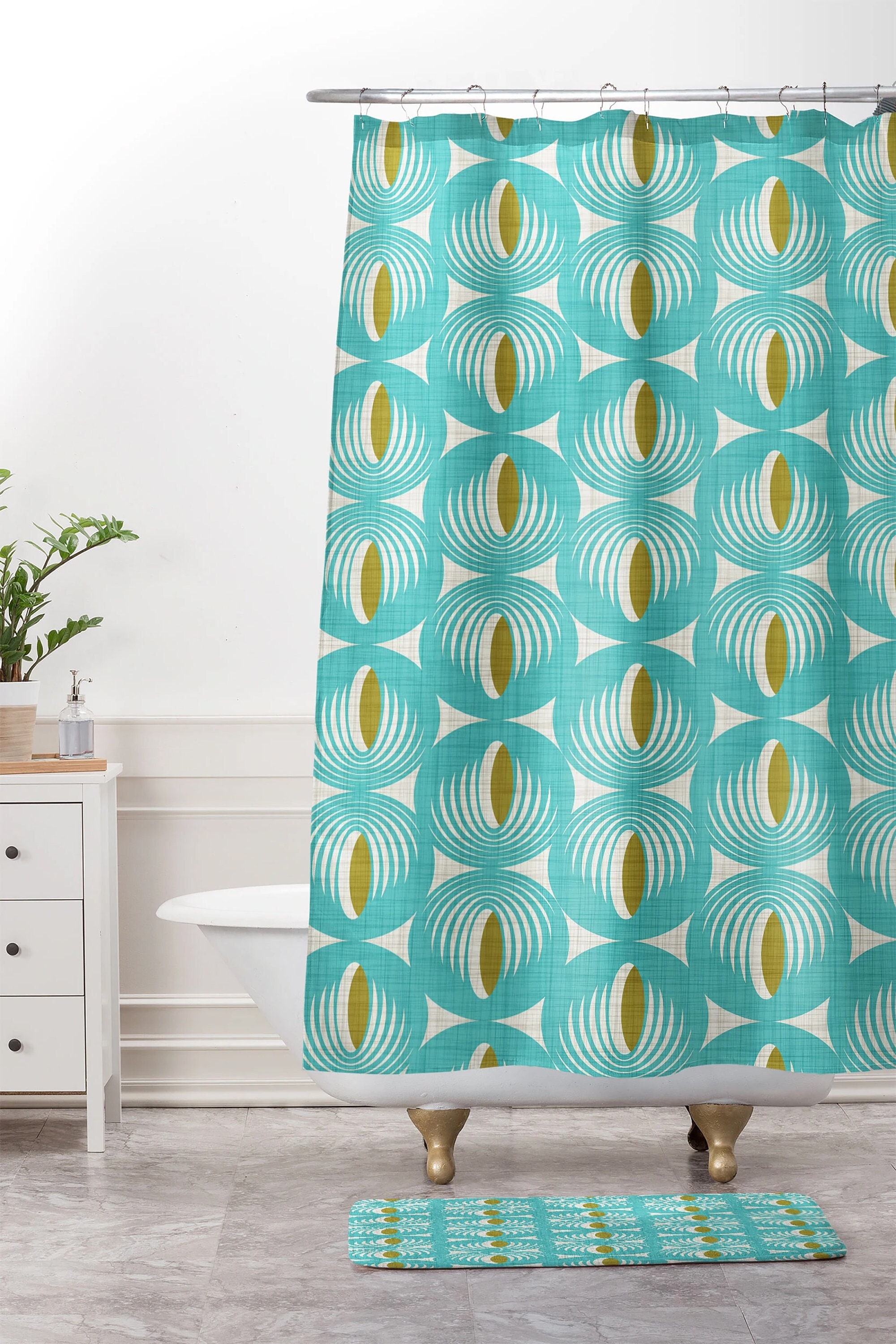 Aqua Geometric Shower Curtain, Retro Mid Century Bathroom Decor, Fabric Bath Curtain