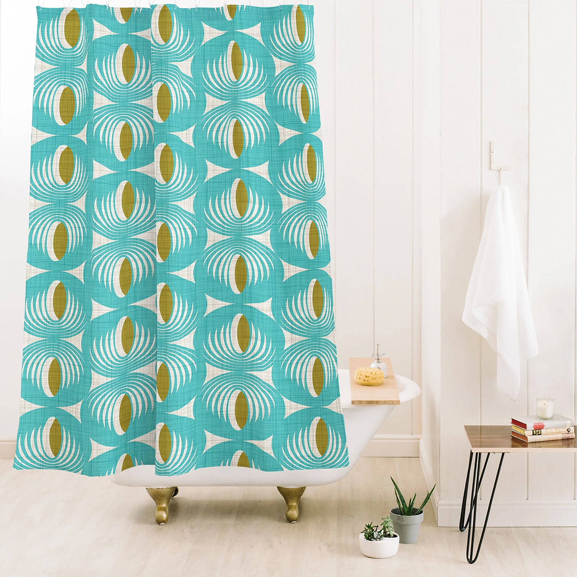 Aqua Geometric Shower Curtain, Retro Mid Century Bathroom Decor, Fabric Bath Curtain - Image 3