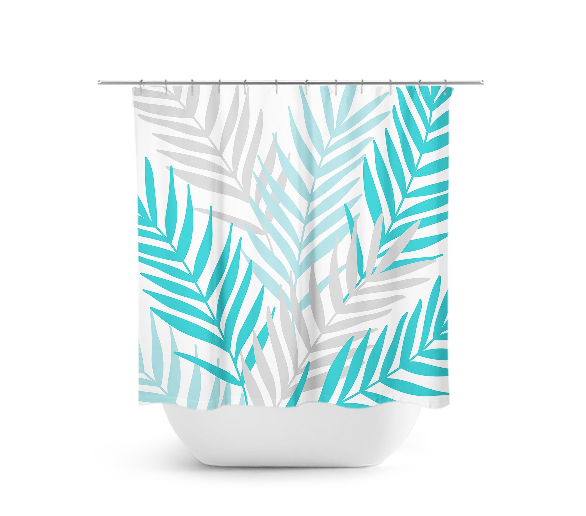 Aqua Gray Palm Tree Shower Curtain, Tropical Guest Bathroom Decor, Botanical Bathroom with Aqua Bath Curtain - SHOWER71