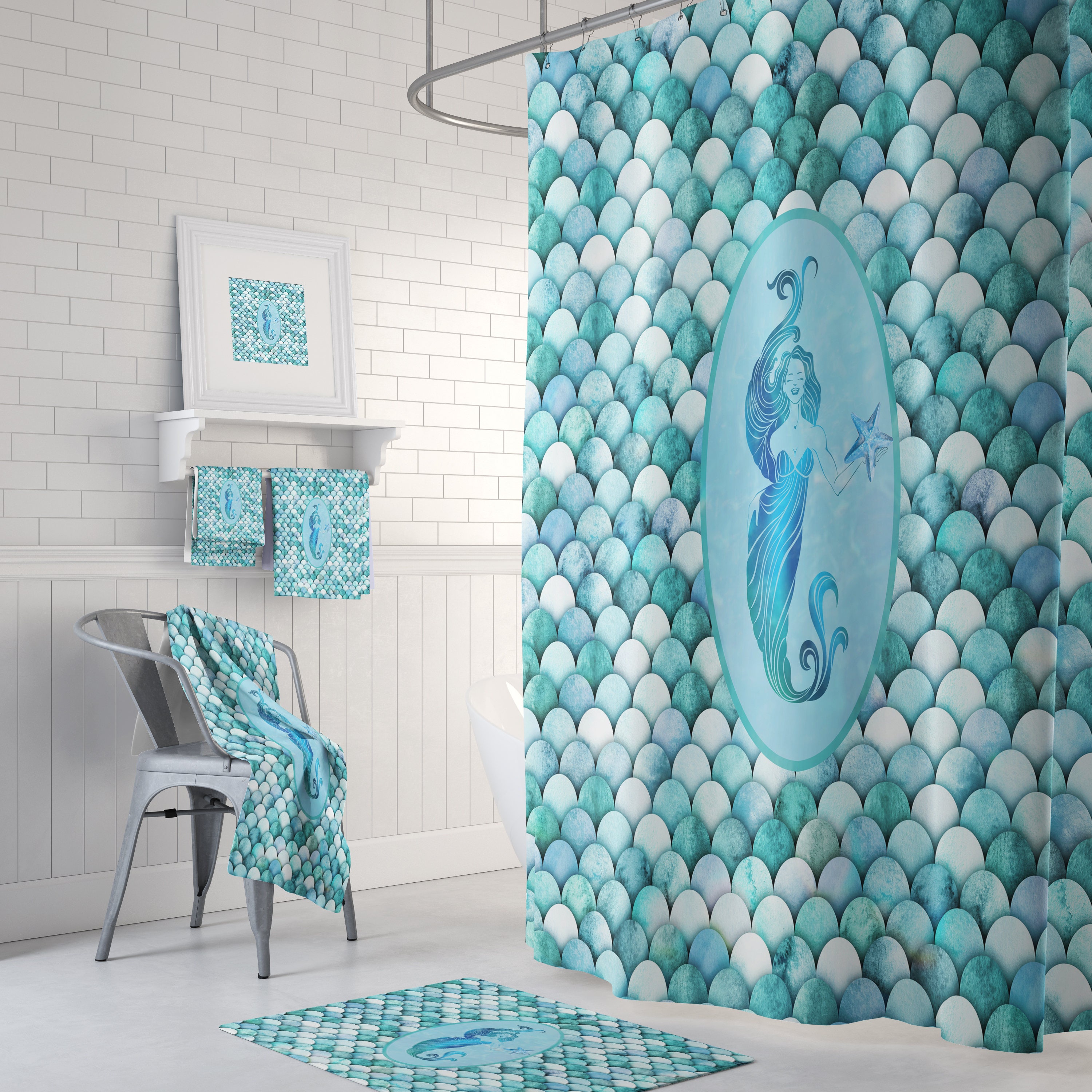 Aqua Mermaid Shower Curtain with Scales Pattern, Bring the Ocean Home