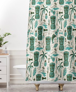 Aqua Tiki Shower Curtain | Hawaiian Print Tropical Tiki Theme | Mid Century Modern Retro Bathroom Decor