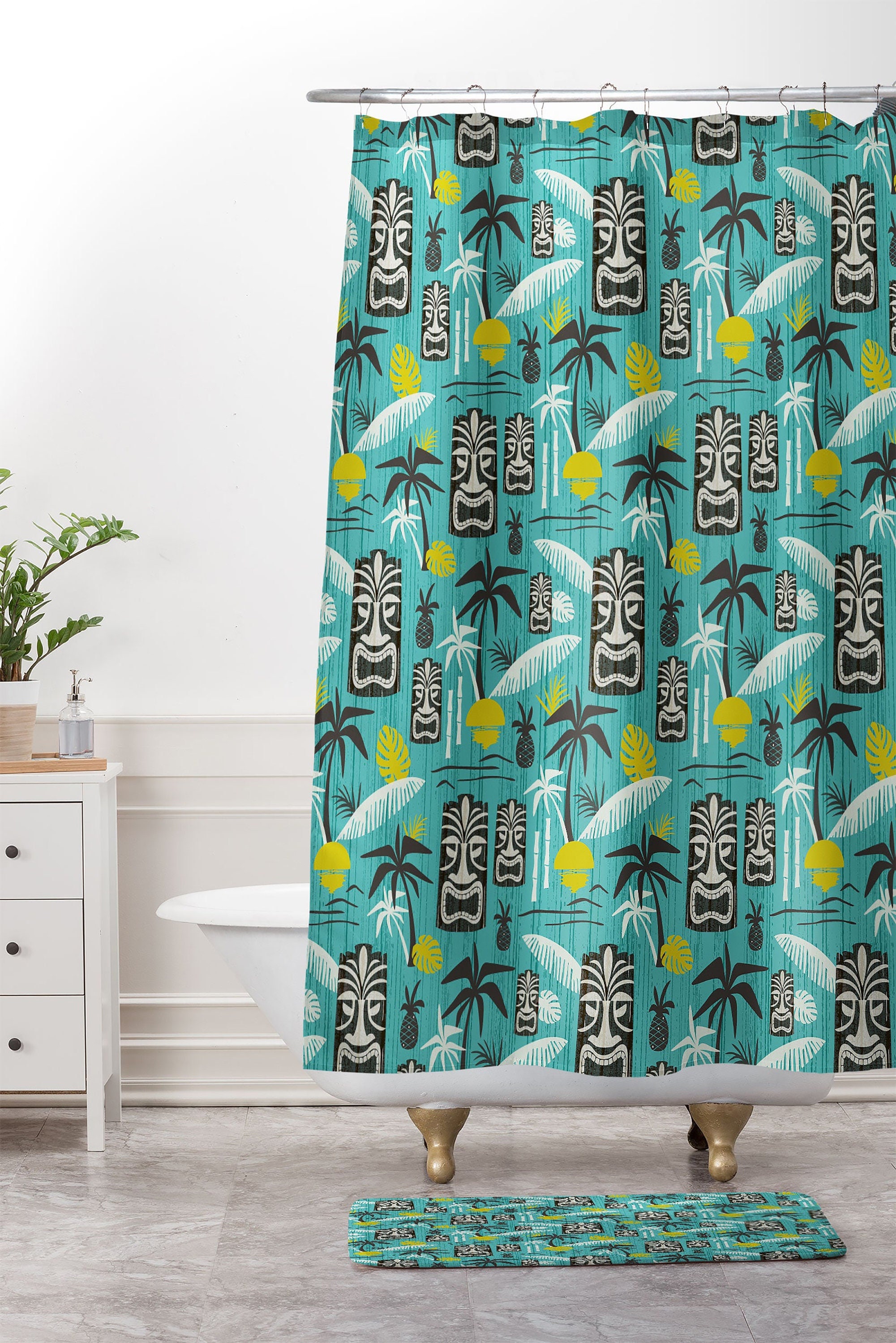 Aqua Tiki Shower Curtain, Retro Hawaiian Mid Century Bathroom Decor, West End Design