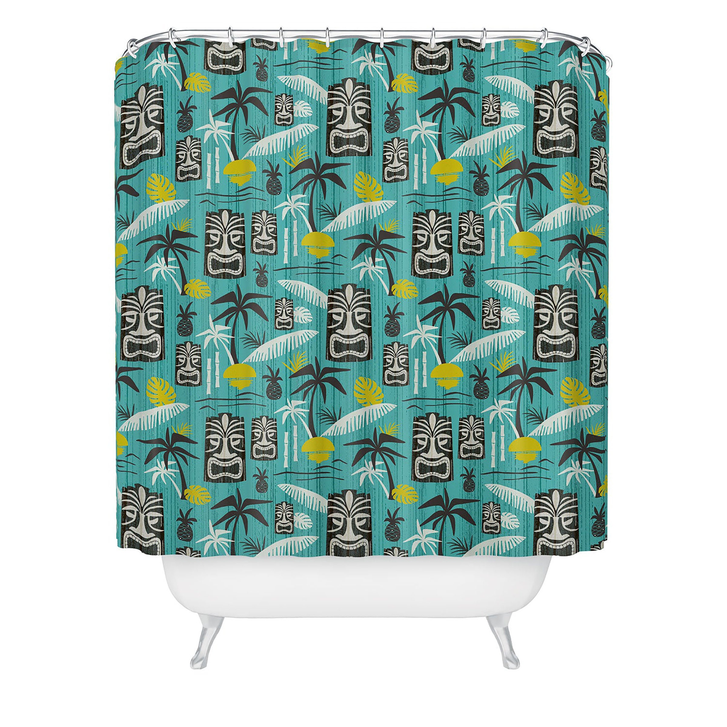 Aqua Tiki Shower Curtain, Retro Hawaiian Mid Century Bathroom Decor, West End Design - Image 2