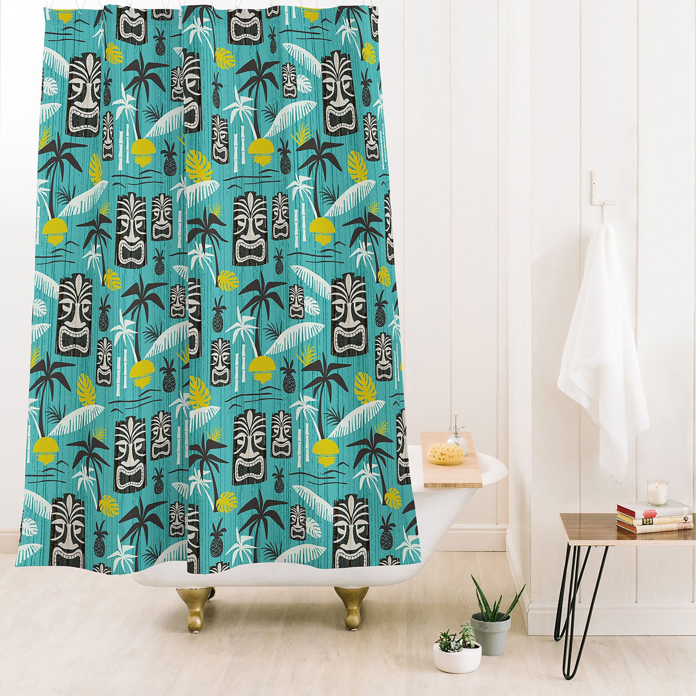 Aqua Tiki Shower Curtain, Retro Hawaiian Mid Century Bathroom Decor, West End Design - Image 3