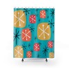 Aqua, Yellow, and Coral Mid Century Modern Retro Shower Curtain with Starburst and Atomic Accents
